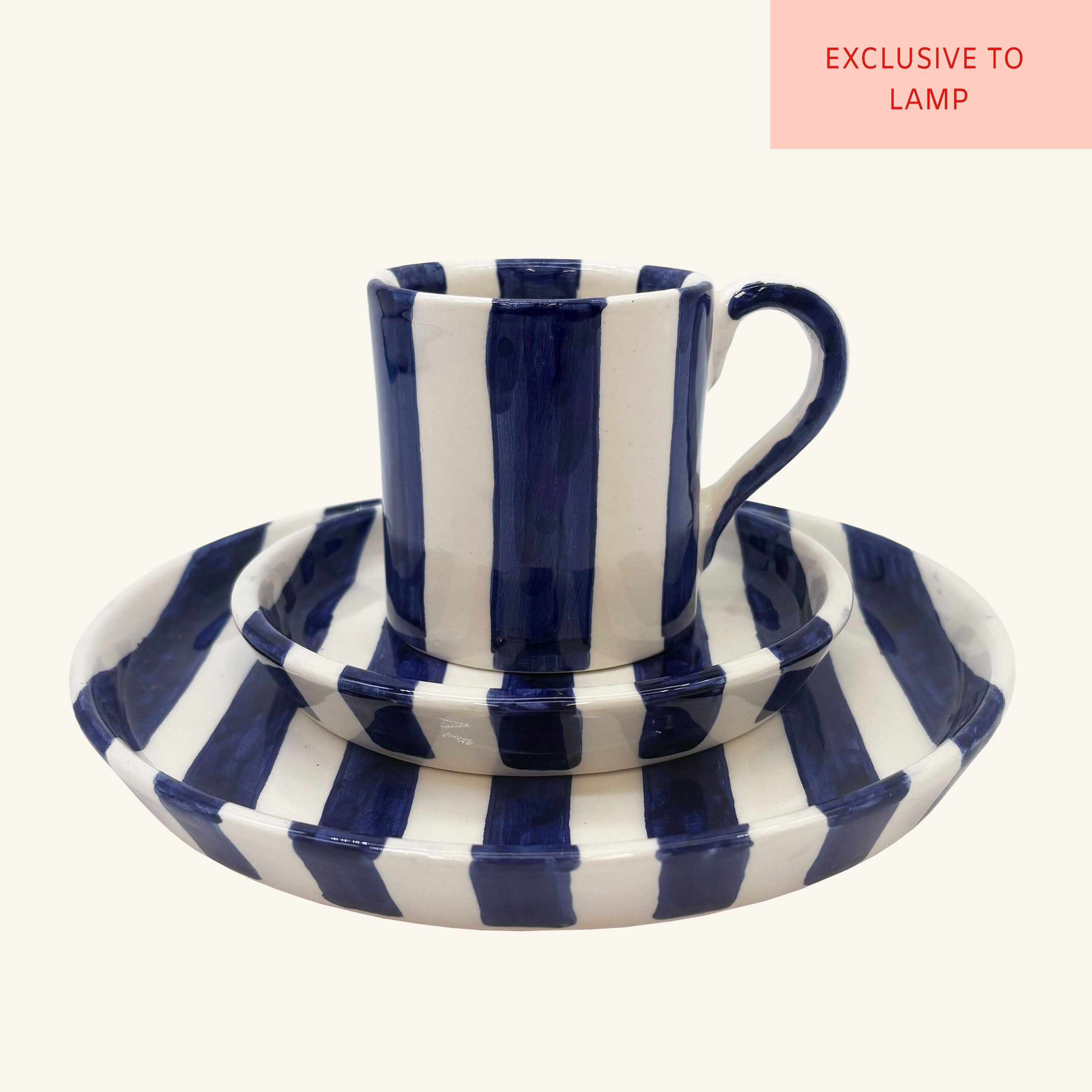 Striped Mug, Saucer & Plate Set