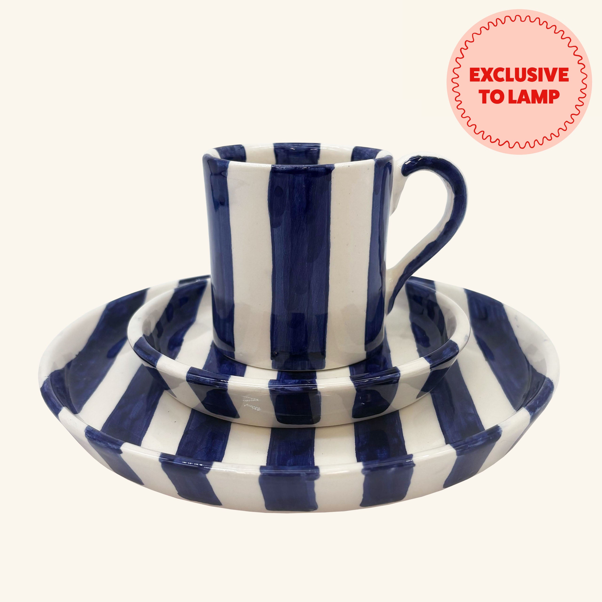 Striped Mug, Saucer & Plate Set