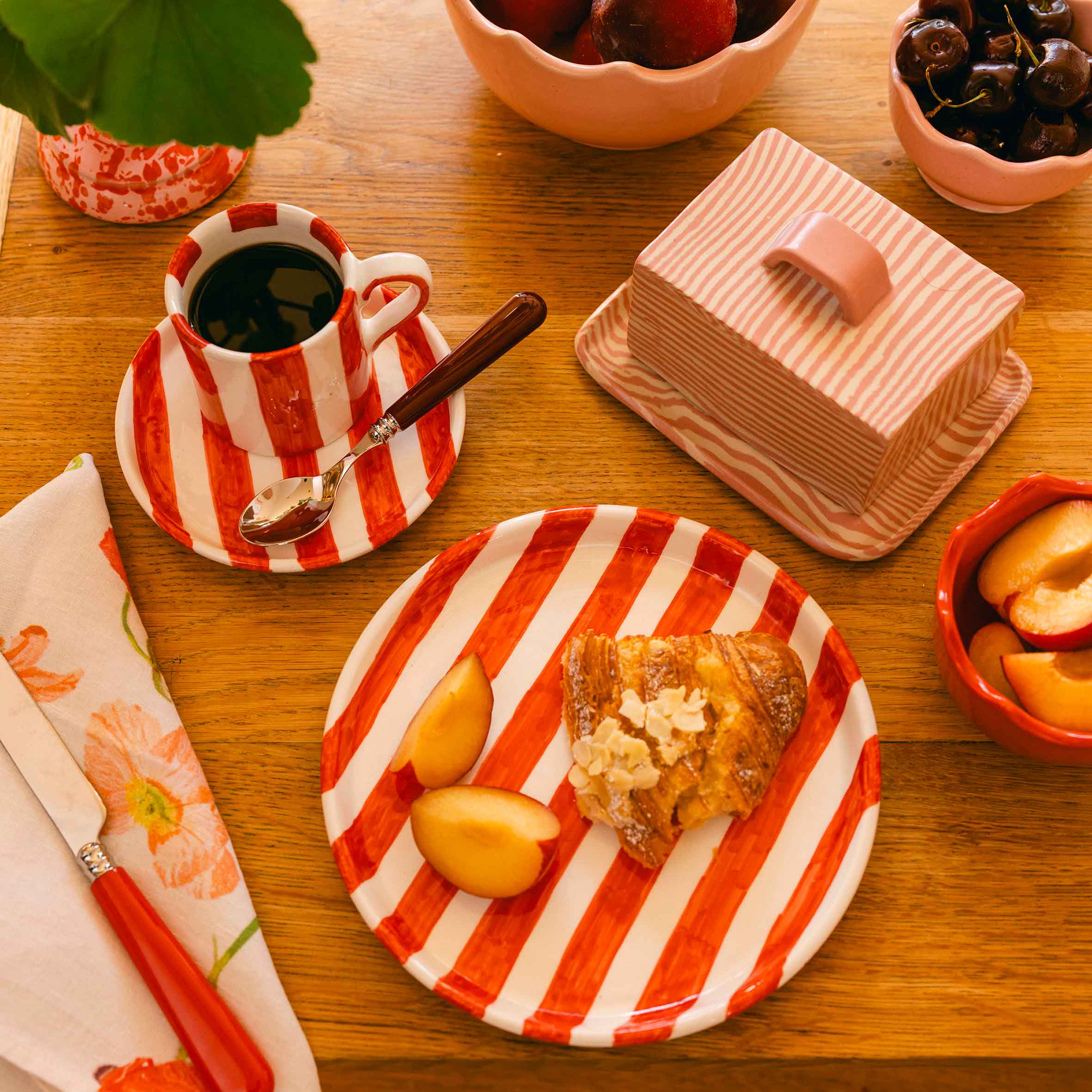 Striped Mug, Saucer & Plate Set