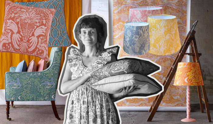 Photo collage of Beki Bright with cushions and chair