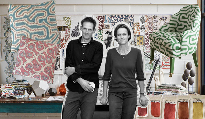 Photo collage of Rebecca Aird and Peter Thwaites in studio with cushions and chair