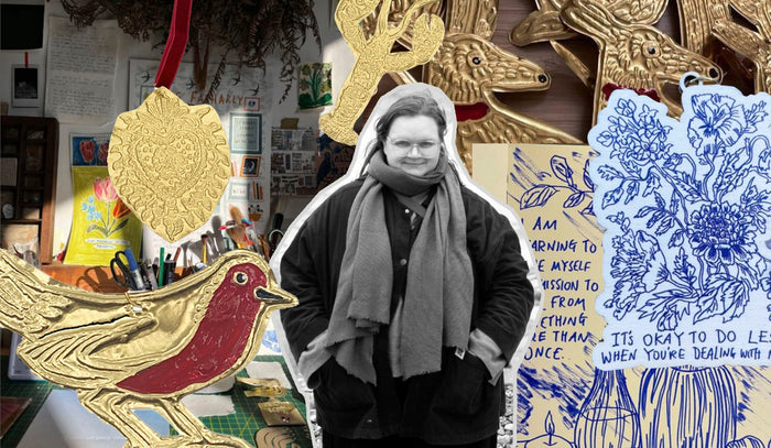 Photo collage of Megan Fatharly surrounded by her tin embossed decorations of drawings