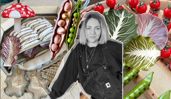 Photo collage of Minnie-Mae Stott surrounded by her ceramics