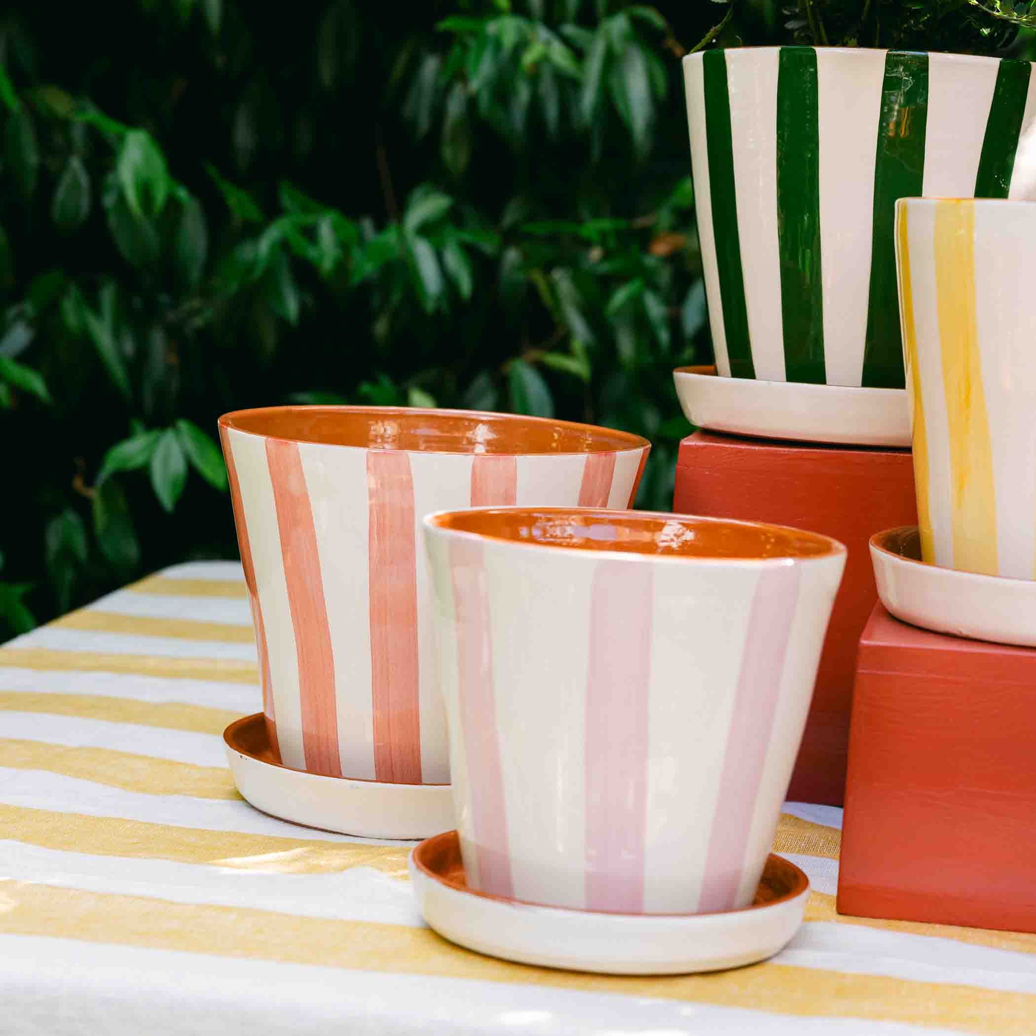 Striped Planter with Saucer