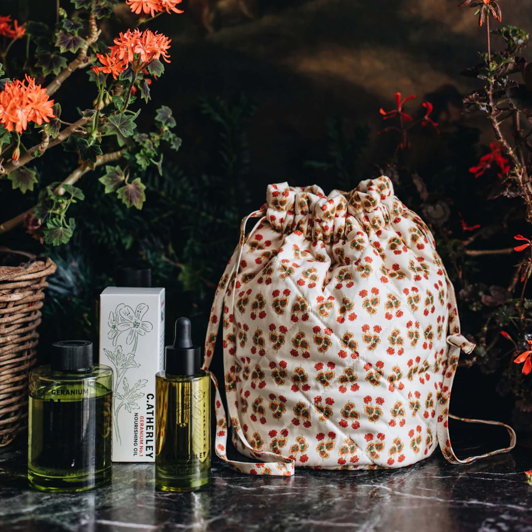 Quilted Geranium Drawstring Bucket Bag