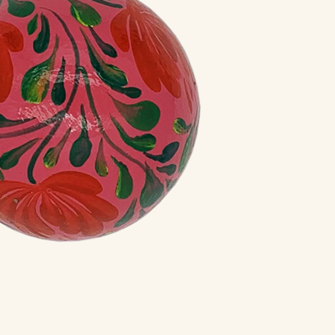 Hand Painted Bauble: Green And Red On Pink