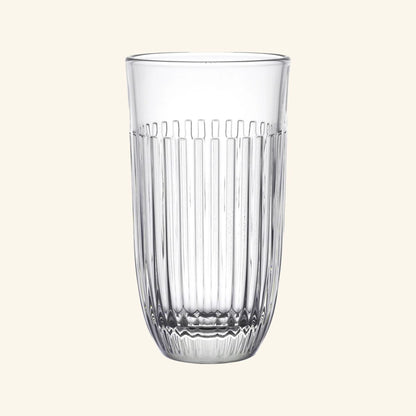 A clear glass with embossed vertical lines.