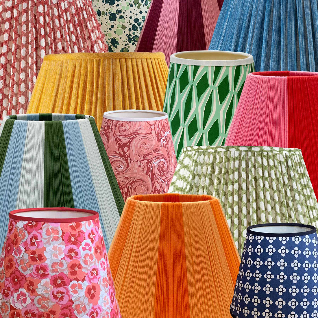 Digital collage of colourful fabric, paper and string lamps. LAMP LDN LIVING