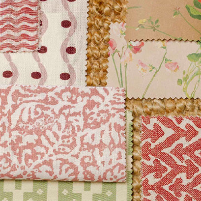 Collection of fabric swatches with various patterns and colours. LAMP LDN LIVING
