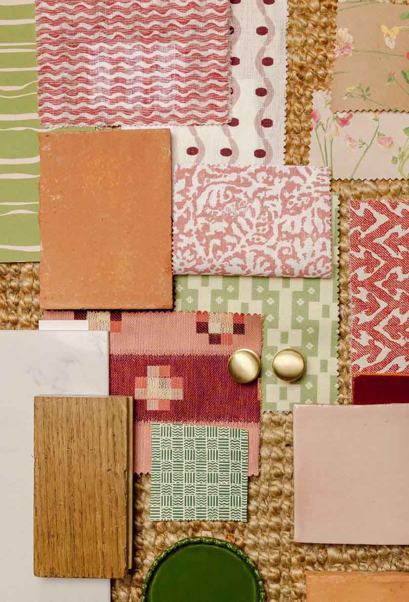 Collection of fabric swatches with various patterns and colors on a textured surface. LAMP LDN LIVING