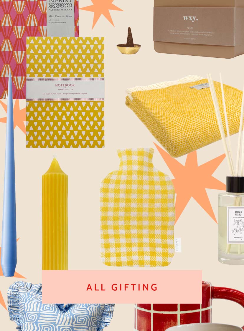 Collage of various products including notebooks, candles, and a mug with decorative elements, with text featuring 'All Gifting'. LAMP LDN LIVING