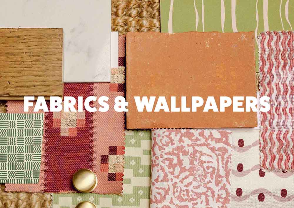 Collection of fabric and wallpaper samples with a focus on textures and patterns, featuring the text 'FABRICS & WALLPAPERS'. LAMP LDN LIVING
