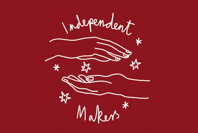 White outline of two hands and 'Independent Makers' text on a red background. LAMP LDN LIVING