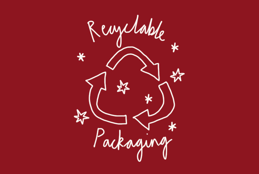 Recyclable packaging symbol with stars around in white, with text on a red background. LAMP LDN LIVING
