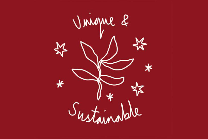 White leaf and stars design and text 'Unique & Sustainable' on a red background. LAMP LDN LIVING