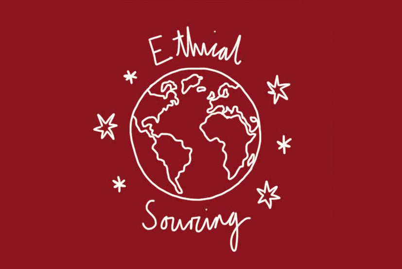 World map with stars around in white lines on a red background with the text 'Ethical Sourcing'. LAMP LDN LIVING